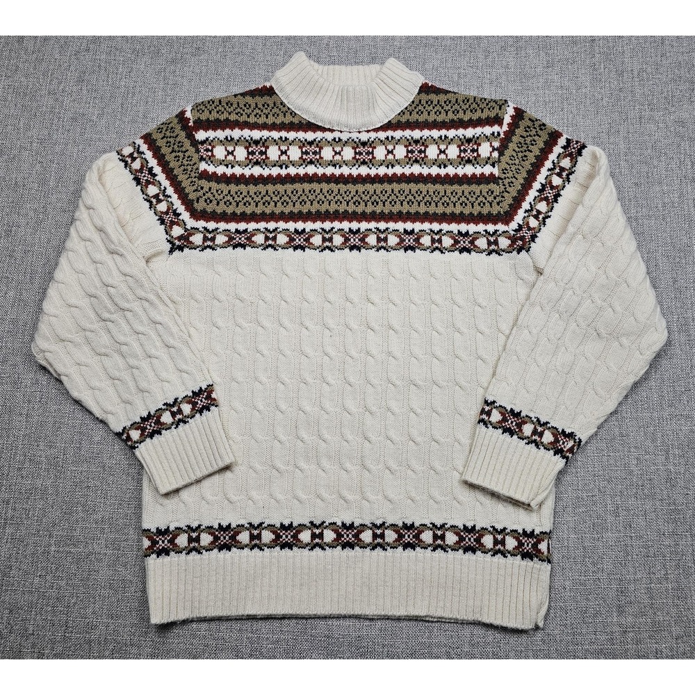 VINTAGE Lord‎ Jeff Sweater Mens Medium White Fair Isle Cable Knit Pullover USA